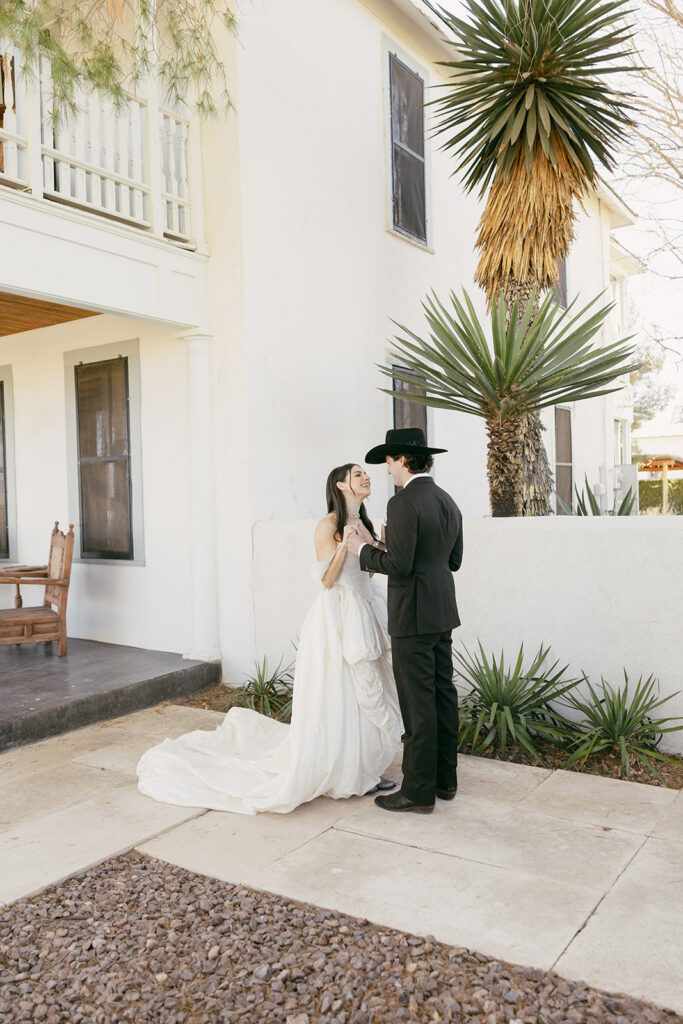 Bride and groom first look at the Gage Hotel in Marathon, Texas. 